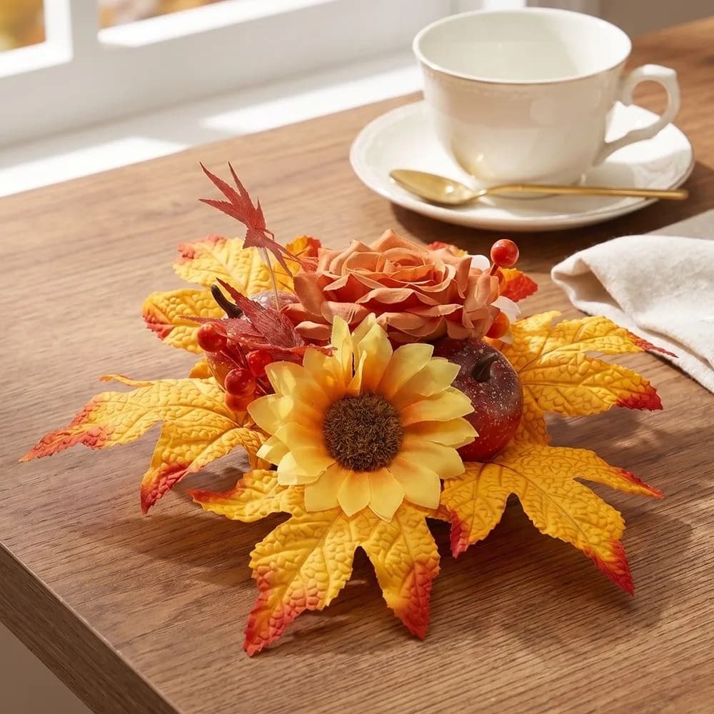Rustic Style Autumn Sunflower Wreath Ornament Pumpkin Maple Plastic Halloween Artificial Wreath Simulation Candle Ring Wreath