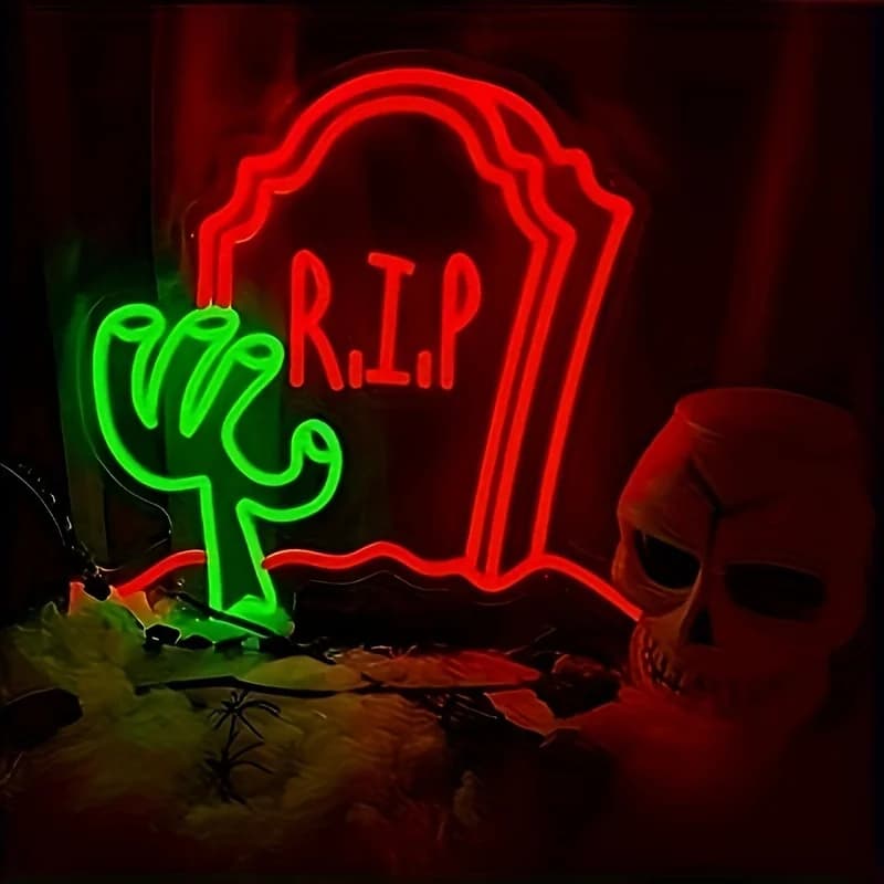 Halloween Bara RIP Insegna al neon LED Neon Decorazione da parete per uomo Cave Bar Party Art Gift Cucina Camera da letto Regalo per la casa per la famiglia di amici