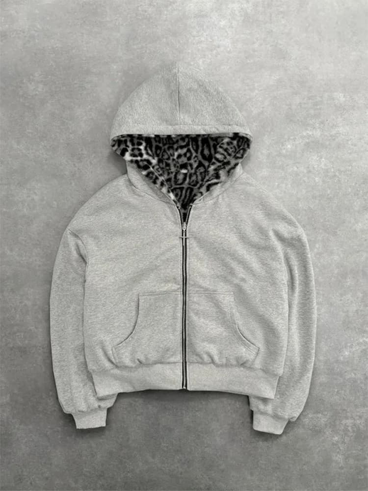 Autunno/Inverno Leopardo Grigio Double sided Zipper Felpa con cappuccio da uomo Casual High Street Warmth Felpa con cappuccio da uomo abbigliamento autunnale 2025 nuovo