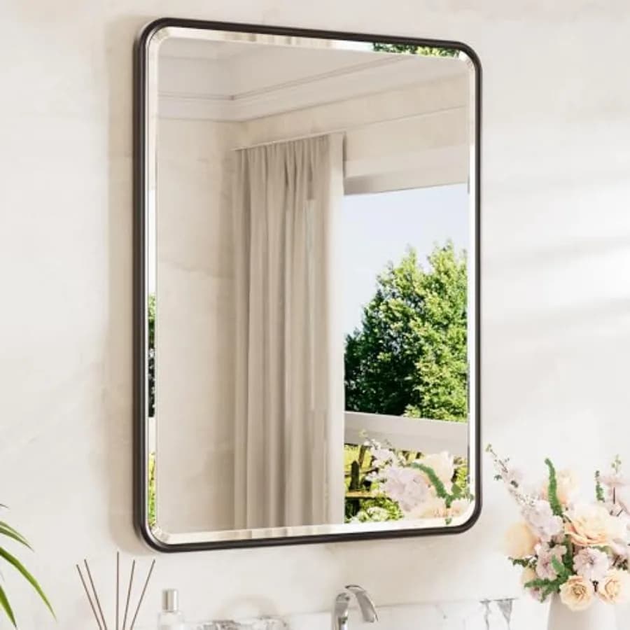 Specchio da Bagno Rettangolare con Cornice Nera 24 x 32, Vetro Temperato con Bordo Smussato e Angoli Arrotondati, per Installazione Sopra il Lavabo, Stile Moderno