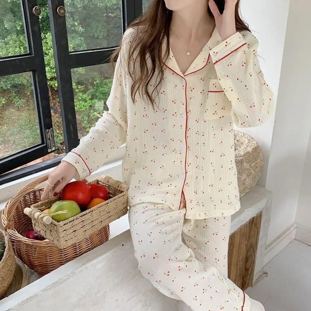 Pigiama alla moda con volant in ciliegio da donna, camicia da notte ampia, pigiama dolce in due pezzi, con risvolto, per la casa