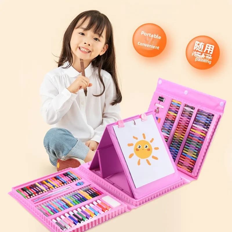 208Pcs Kids Art Set with Crayons Watercolor Pencils Foldable Easel for Children Painting Gift