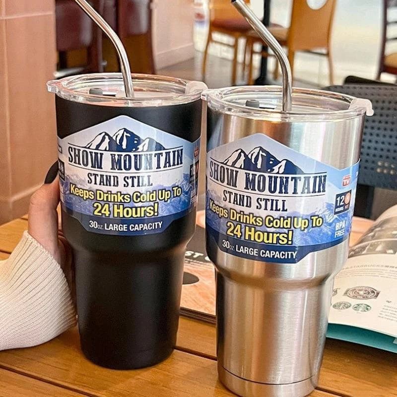 Tazza thermos magica in acciaio inossidabile con cannuccia, ghiaccio, caffè, bevanda, bottiglia isolata sottovuoto, tazza da montagna per auto da viaggio all'aperto