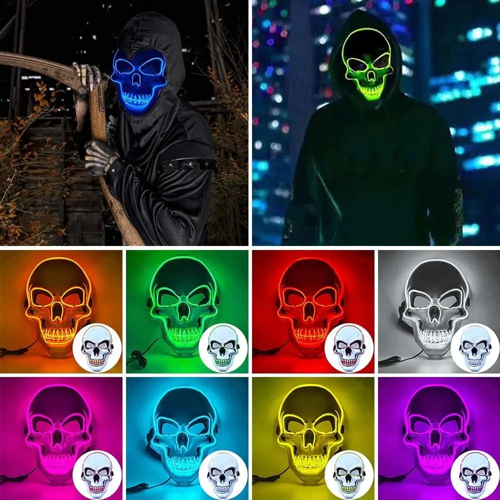 Maschera horror con teschio di Halloween Luce LED di Halloween Maschera a luce fredda a LED Costume cosplay Maschera con teschio luminoso Palla per trucco per feste