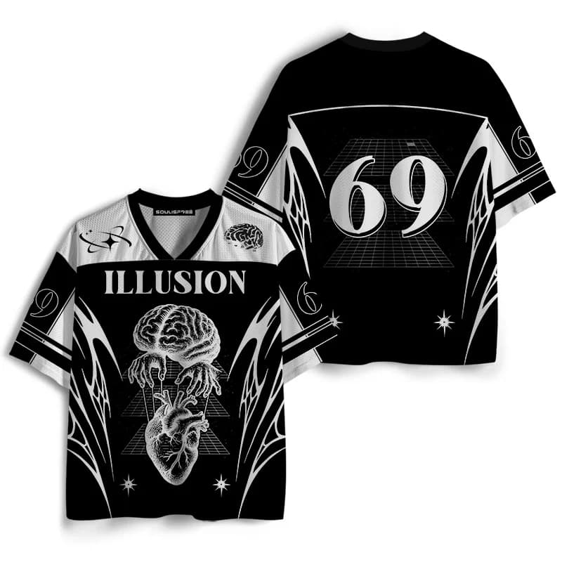 Retro Anatomy Brain Heart and Star Grid Fully Printed Mesh V-neck Sportswear Breathable Short Sleeve Dark Street Casual Top