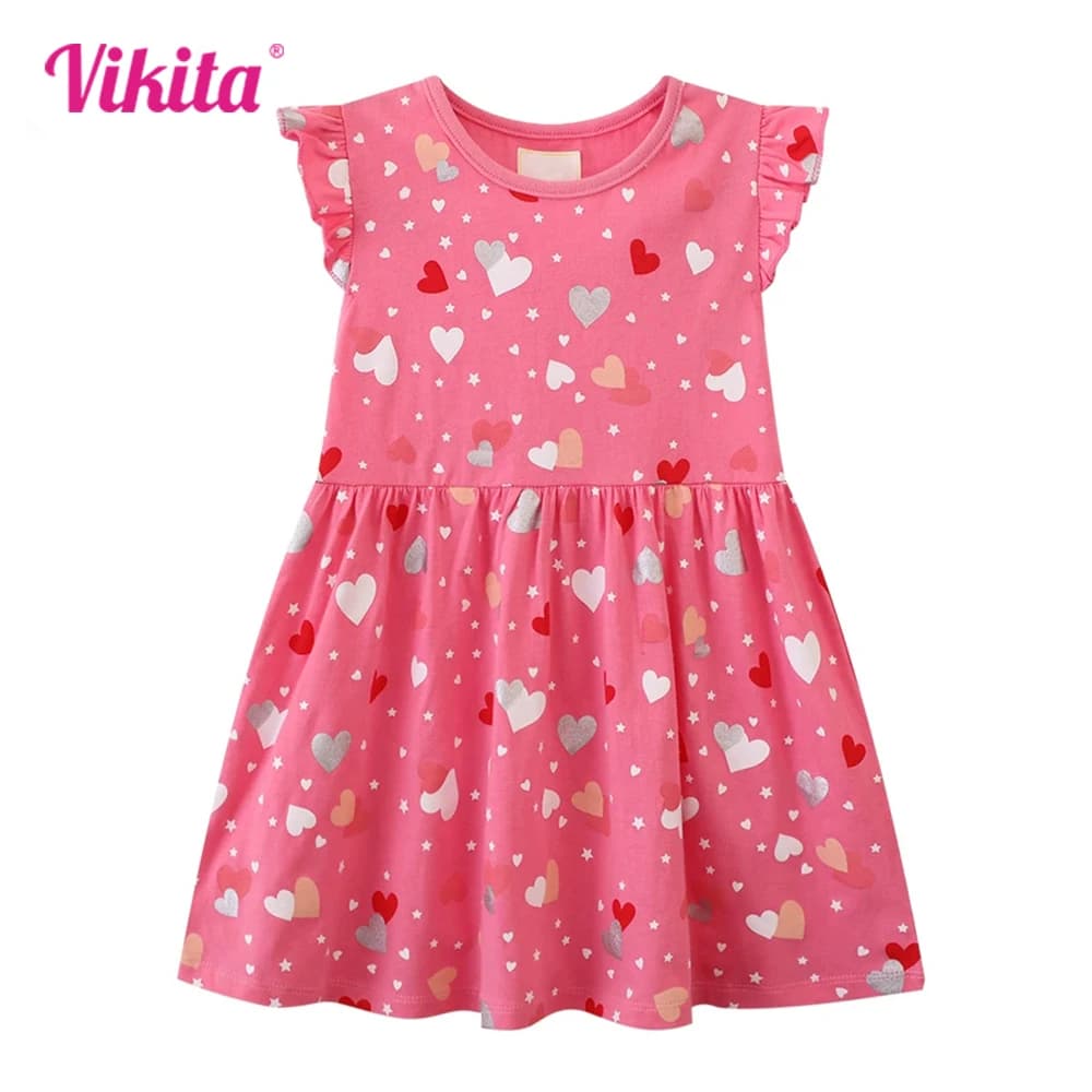 VIKITA Ragazze Rosa Manica svasata a forma di cuore Stampa stella Abito in cotone Bambini Estate Dritto Casual Carino Moda Abito da principessa 3-7Y