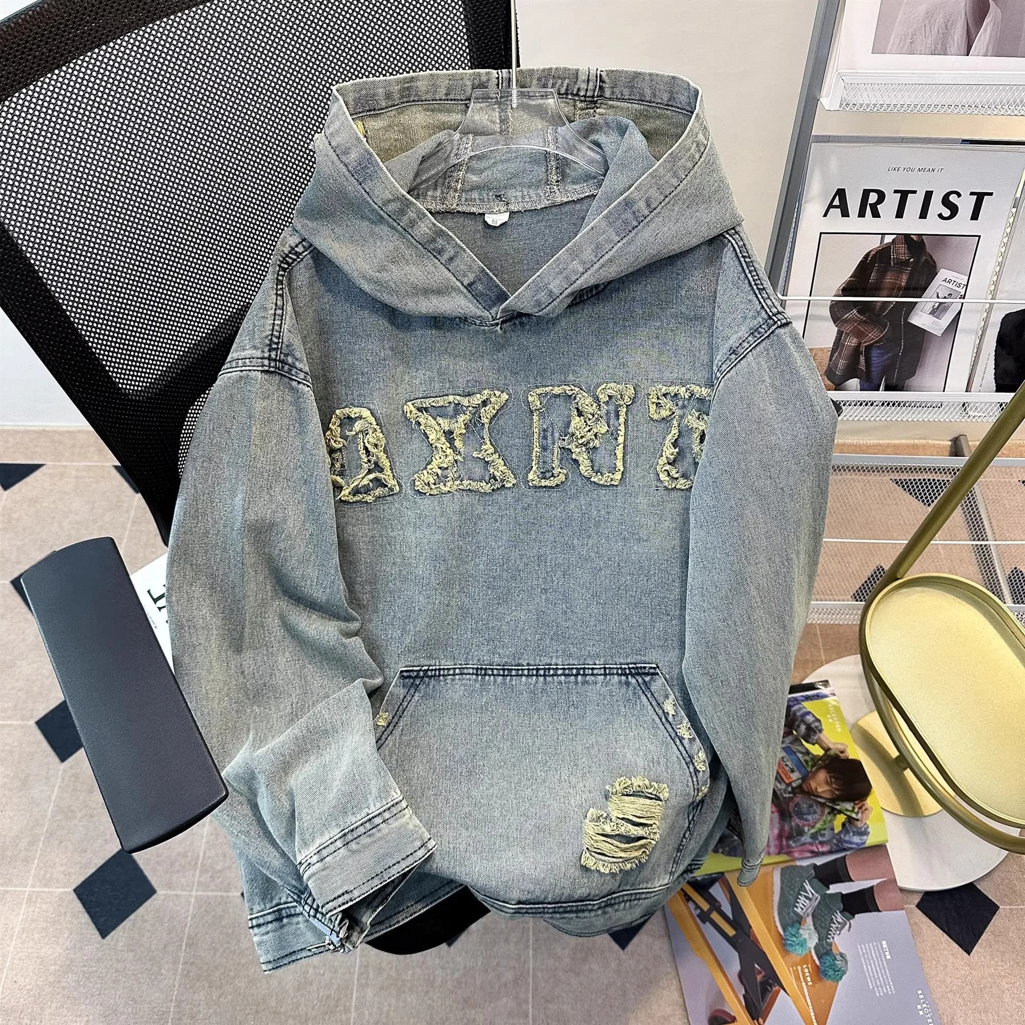 Giacca in denim oversize da uomo e donna, autunno inverno, con ricami e strappi, felpa con cappuccio, giacca casual alla moda