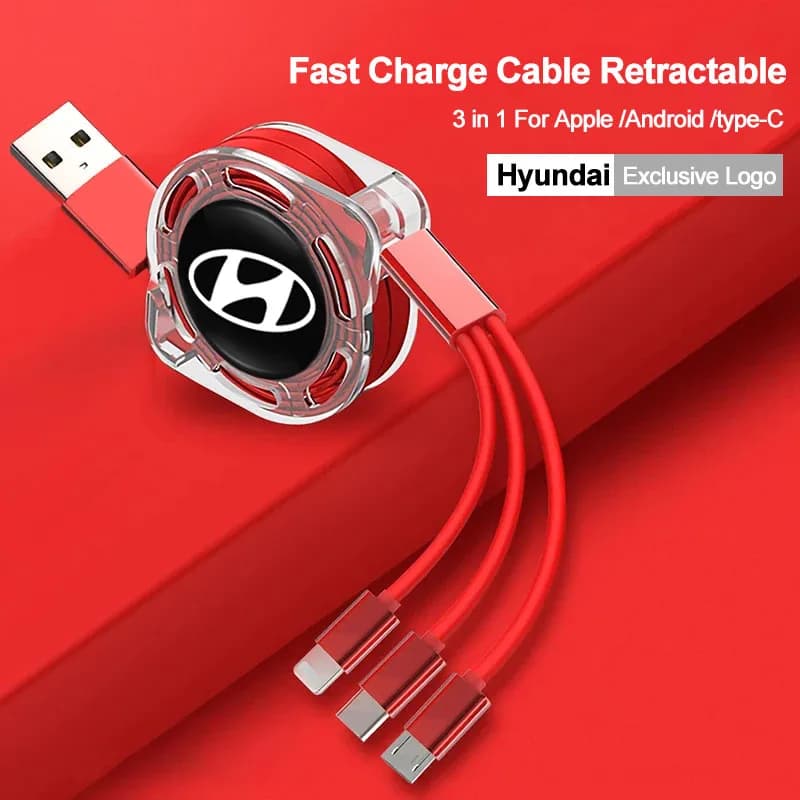 Retractable Data Cable 3 in 1 USB Type-C Car Charger Head Car Accessories for Hyundai NLINE I30 Venue Accent Kona Getz IX35 I40
