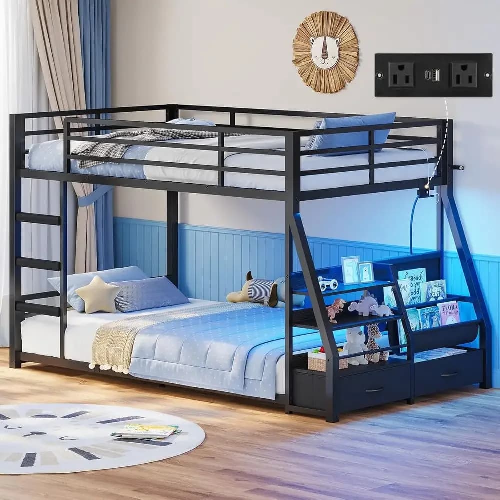 Letto a castello in metallo con due letti singoli, cassetti portaoggetti, scaffali a sospensione, presa di corrente, luci LED e sponda di protezione a tutta lunghezza, No B