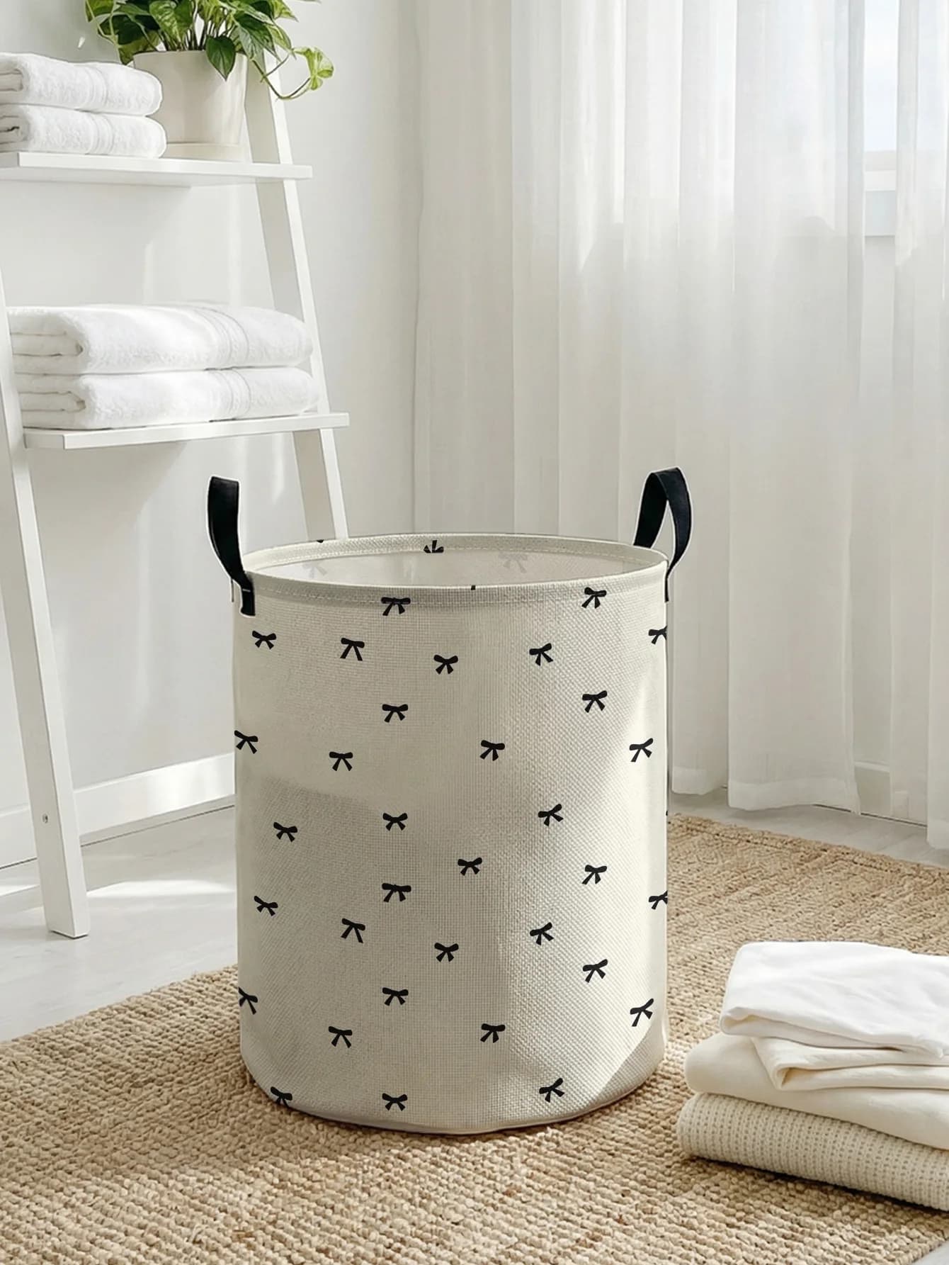 Cream Base Black Mini Bow Print Foldable Large-Capacity Storage Basket, for Kids' Toys and Clothes, Home & Bathroom Laundry Use