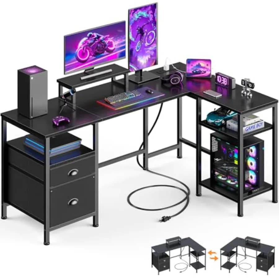 Scrivania a L con Presa di Corrente, Scrivania Reversibile per Ufficio Domestico, Tavolo da Gioco Angolare da 50 Pollici con Cassetto Portadocumenti