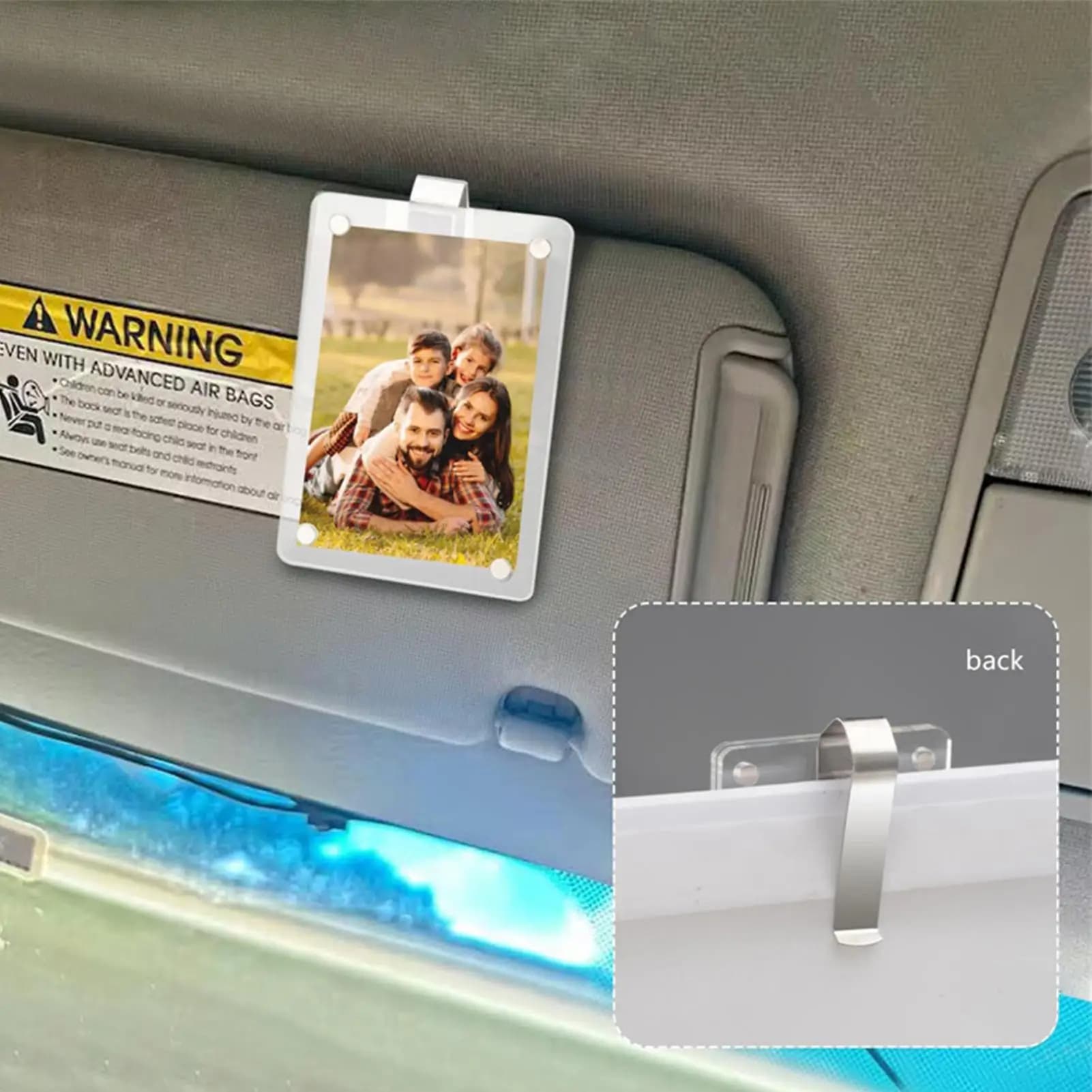 Portafoto per auto sottile con magnete, clip per visiera auto, cornice per foto per berlina, SUV, minivan, viaggi, road trip, famiglia (1 pezzo)