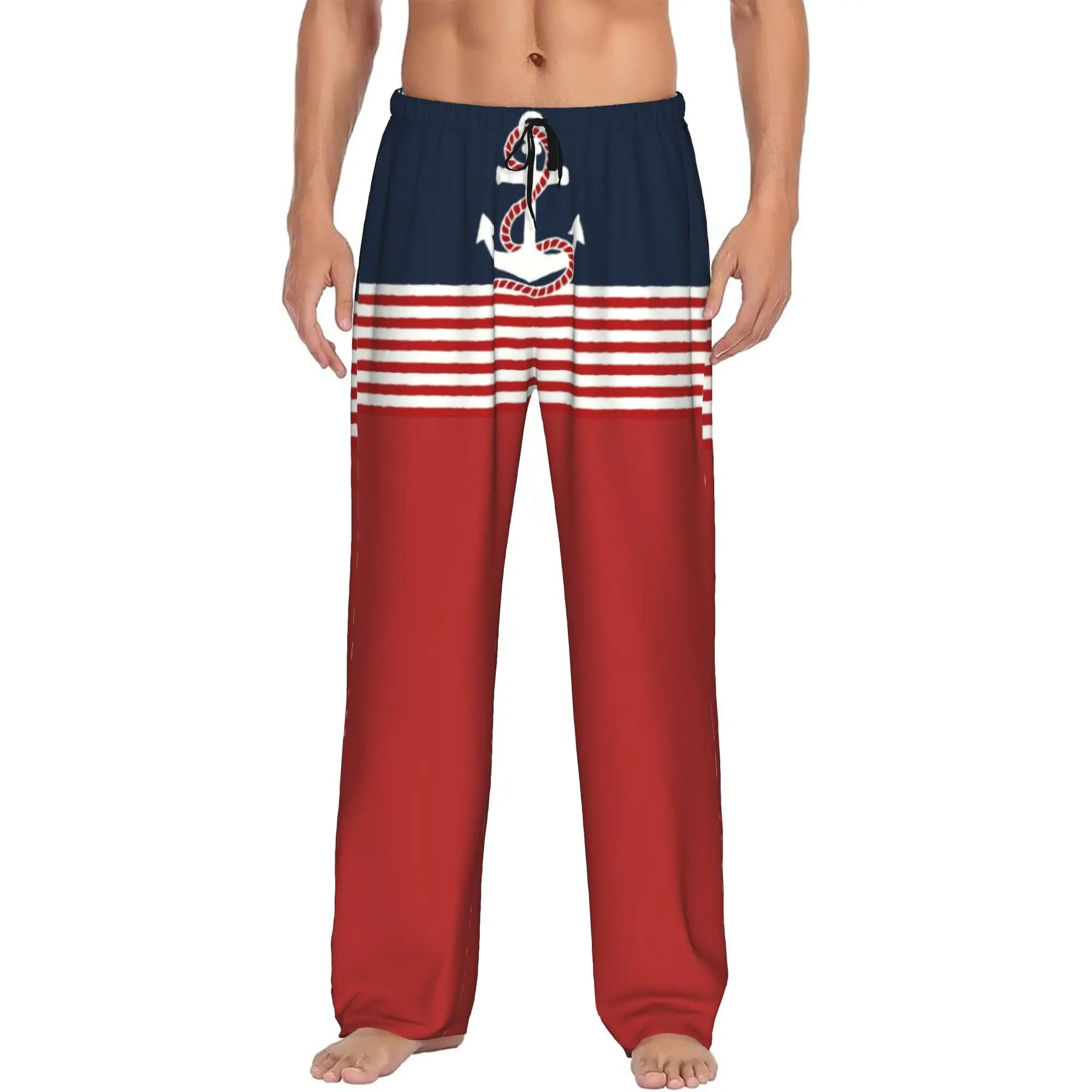 Custom Navy Blue Stripes Nautical Anchor Boat Pajama Pants for Men Lounge Sleep Drawstring Sleepwear Bottoms with Pockets