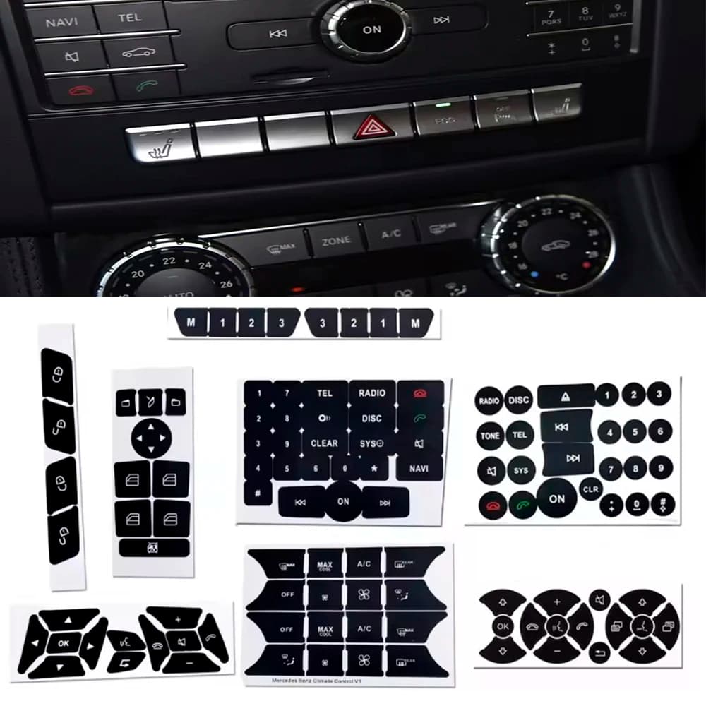 1 Set adesivi per riparazione pulsanti auto in PVC per Benz W204 R172 W218 per climatizzatore A/C, sterzo in acciaio, radio, finestra, serratura porta