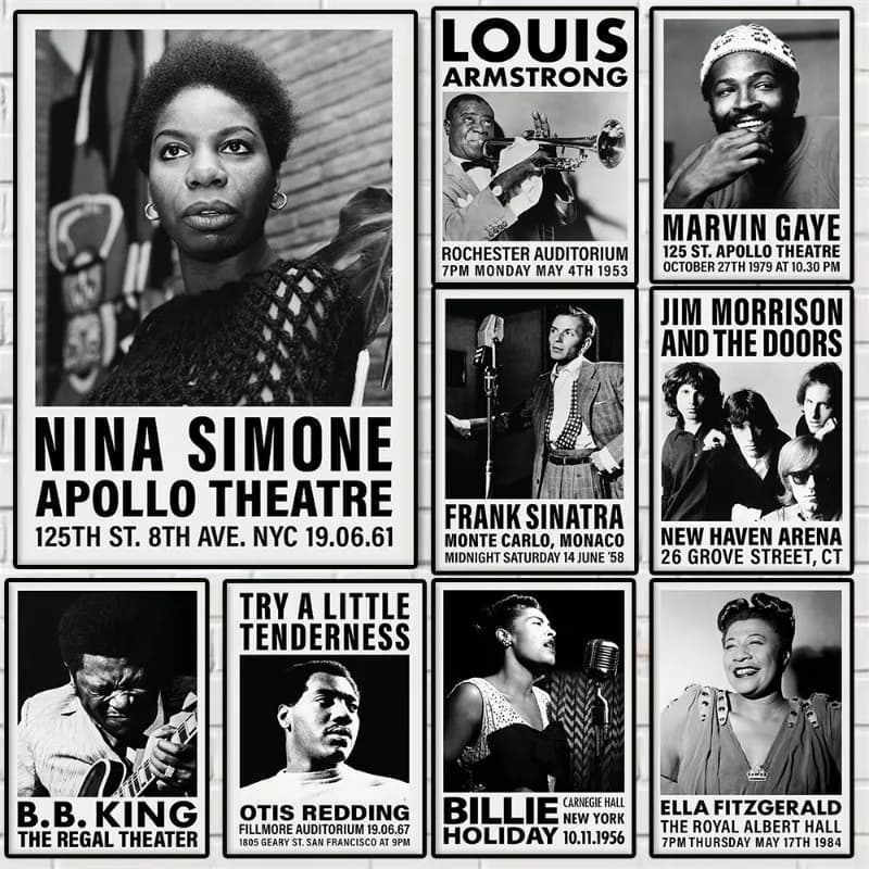 Black and White Concert Musician Photo Poster Frank Sinatra Nina Simone Canvas Painting Music Wall Art for Club Room Home Decor