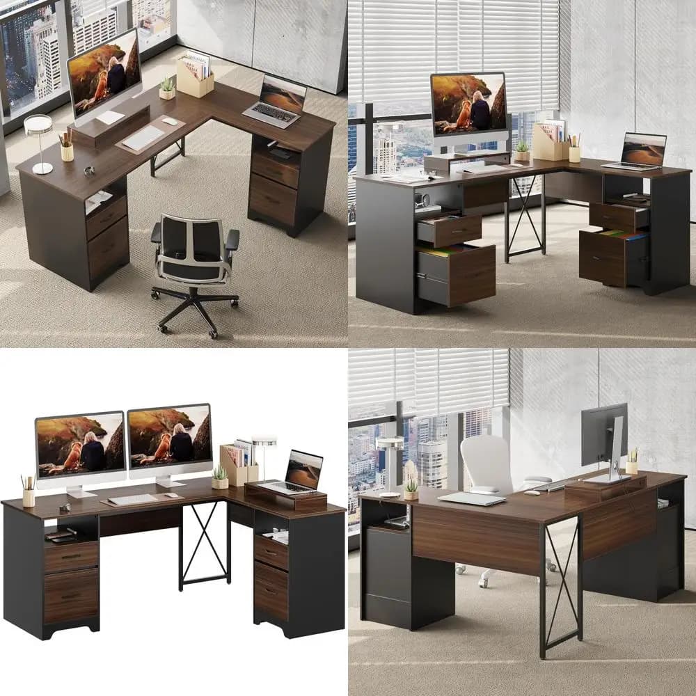 L desk with 4 drawers, desk 63 x 47 with open space and monitor support, desk with 2 drawers and elegant P