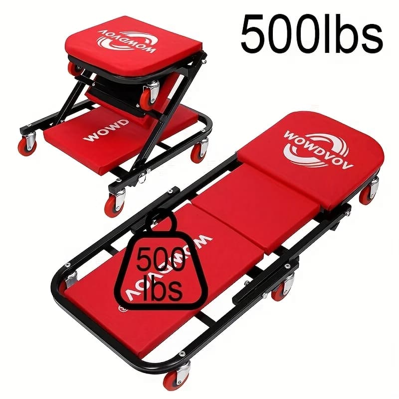 WOWDVOV 36 Inch 2-In-1 Rolling Folding Car Seat with Wheels, Portable Tool Tray, Supports Up to 500 Pounds, Mechanic 6-Wheel Design for Maintenance of Cars, Motorcycles, Bicycles, And Garage Applications