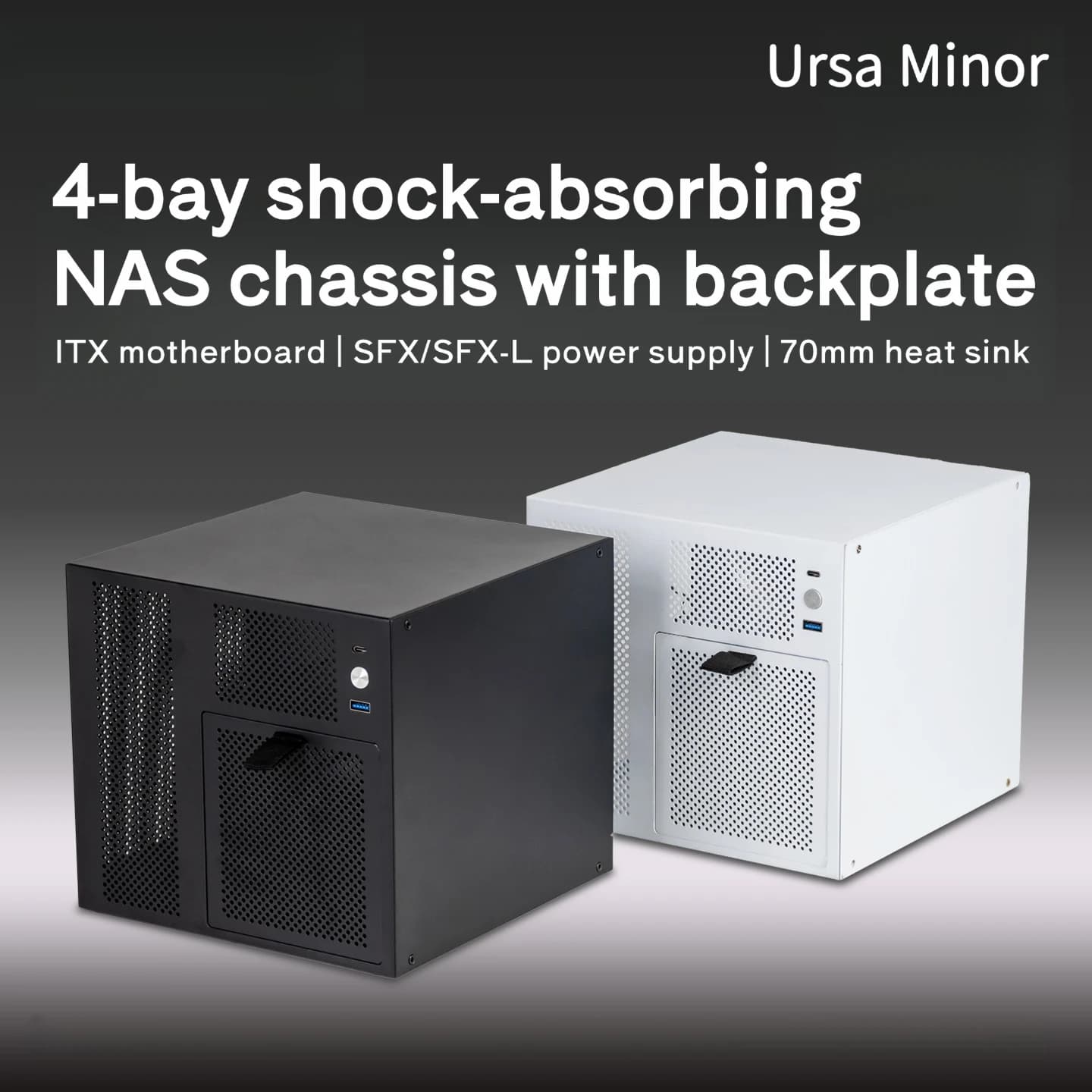 Custodia per telaio NAS a 4 alloggiamenti Ursa Minor, alimentatore SFX Scheda madre ITX Feiniu Black Group Server di archiviazione domestica Piccolo telaio