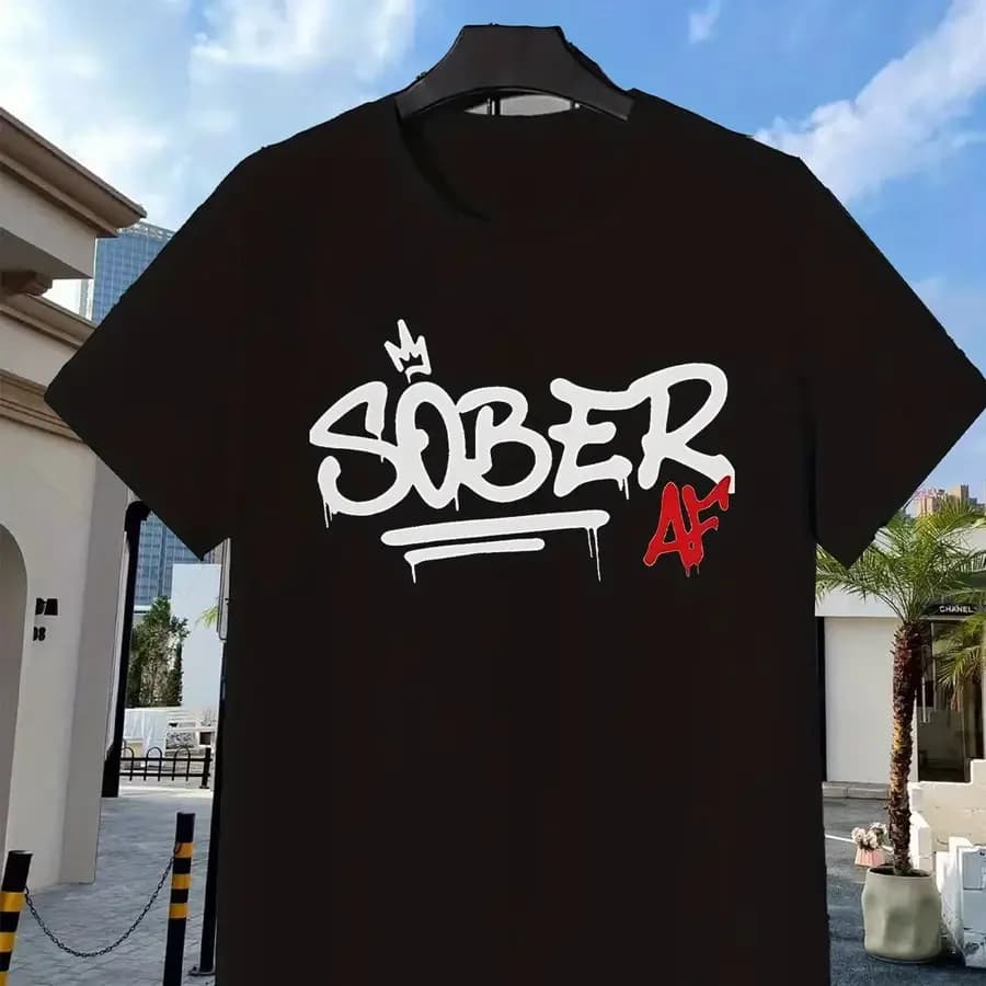 Felpa con Cappuccio Sober AF AA NA Recovery con Design Artistico Sole e Luna, Maglietta Morbida e Traspirante a Girocollo per Uso Casual, Manica Corta Leggera