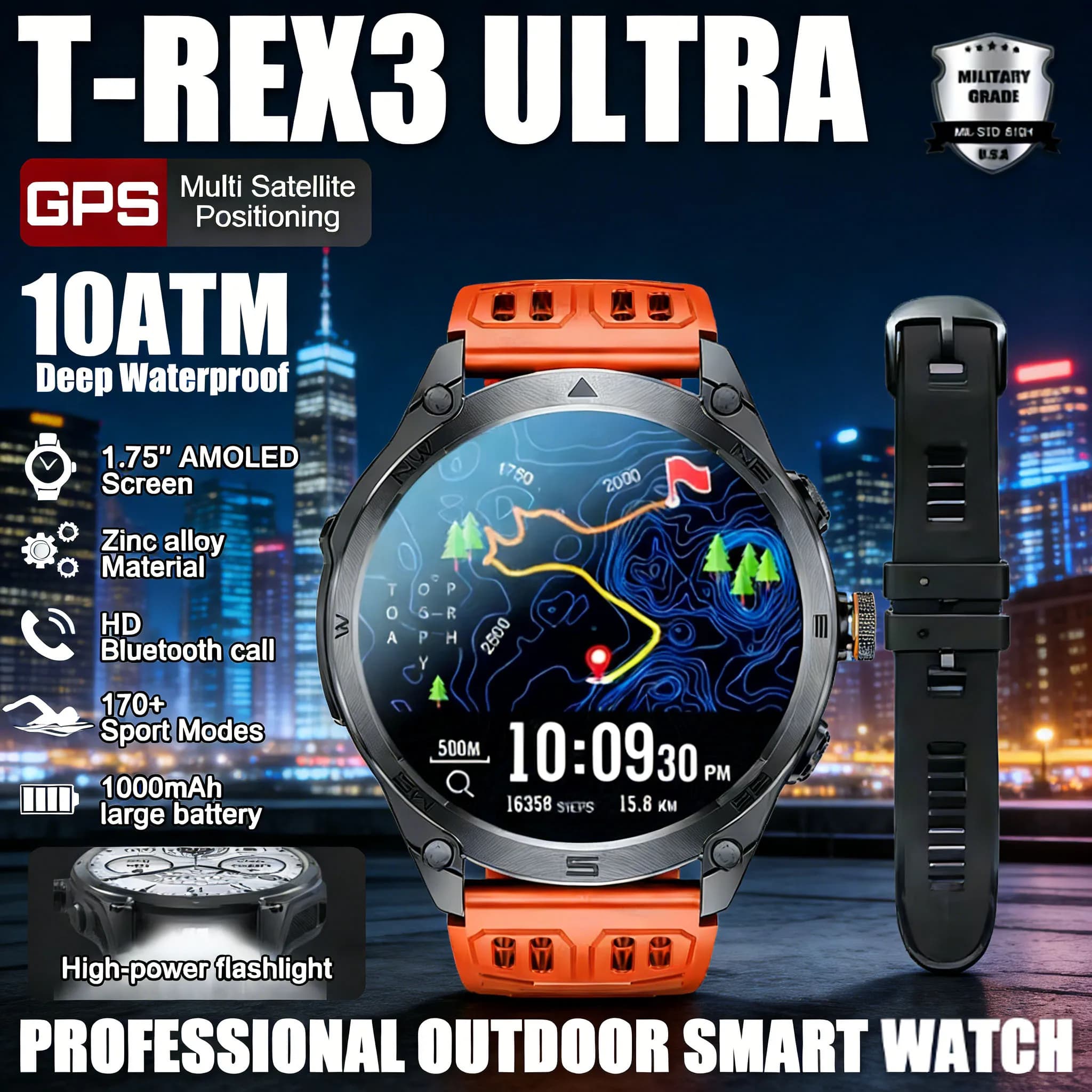 Nuovo Smartwatch Militare T-Rex 3 Ultra GPS 2026 per Uomo, Impermeabile 10ATM, Tracker Fitness Sportivo, Chiamate Bluetooth, Bussola