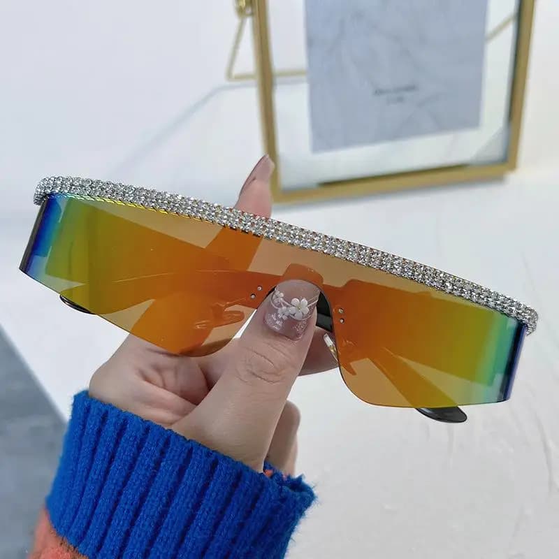 Shiny Hip Hop Futuristic Diamond Shades Wrap Around Sunglasses Goggles Y2K Sunglasses Visor Eyewear