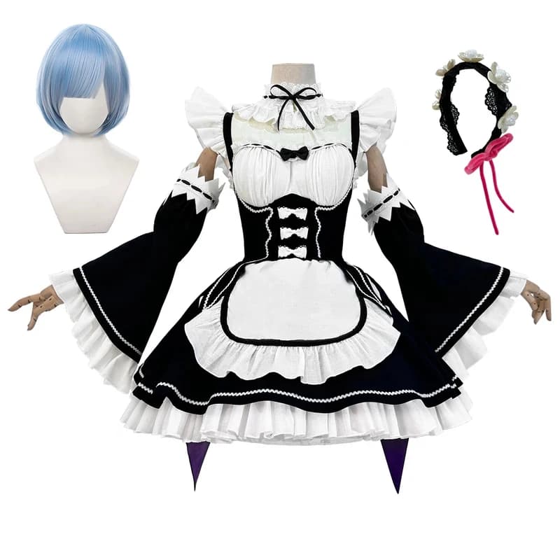 Costume Cosplay Anime Re:Zero - Vita in un altro mondo da zero, parrucca e vestito da cameriera Lolita nero e bianco per Halloween e Natale