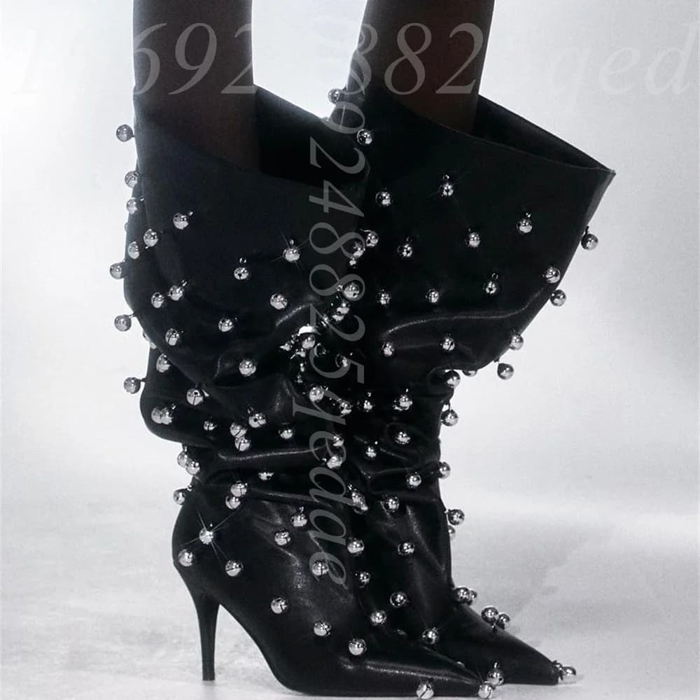 Stivali Alti da Donna Neri con Tacco a Spillo, Punta Affusolata e Borchie Argento 3D, Stile Punk, Taglie Grandi