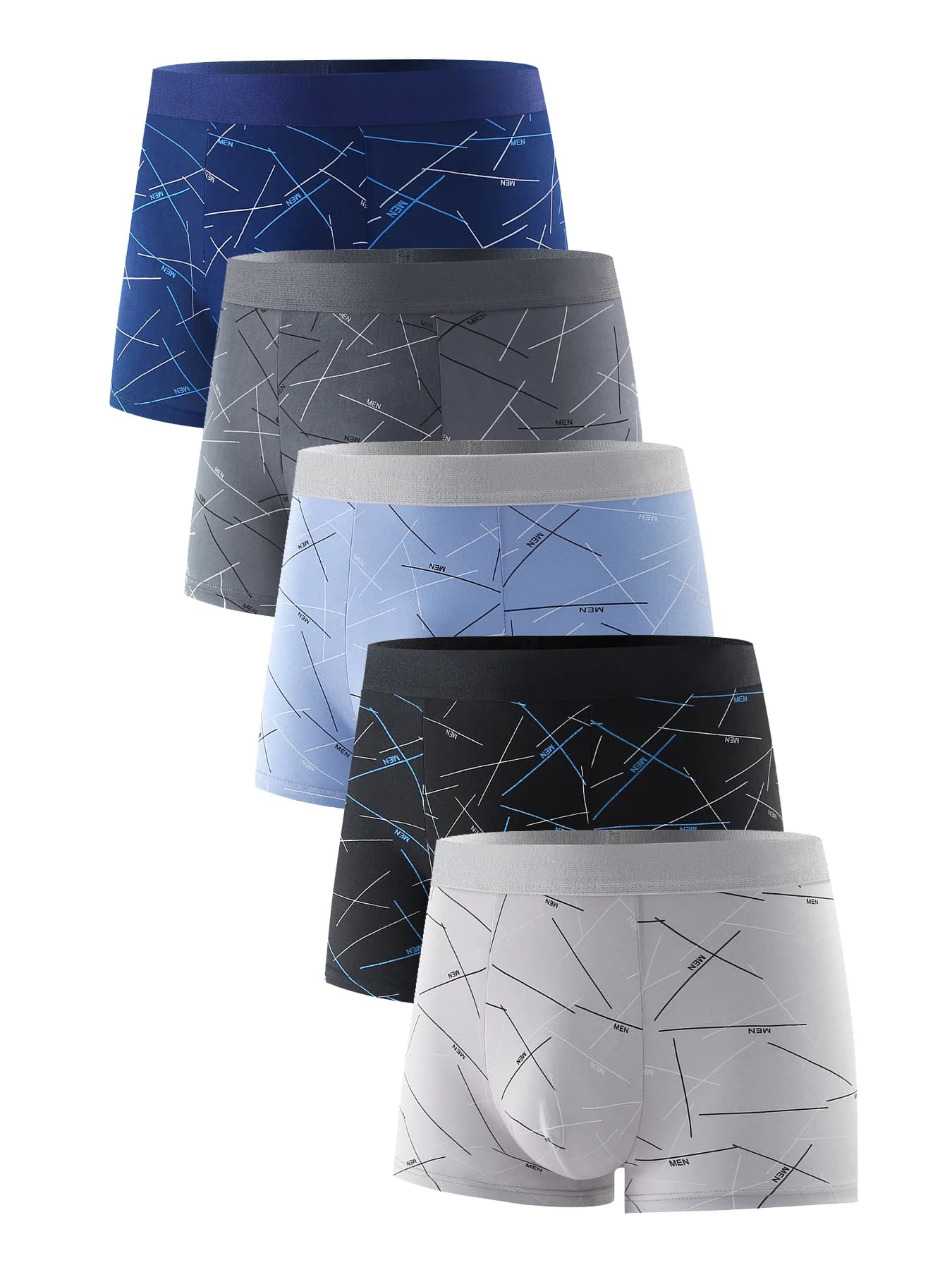 Set da 5 pezzi di biancheria intima da uomo alla moda con stampa a righe, pantaloni comodi e traspiranti a gamba dritta per tutte e quattro le stagioni