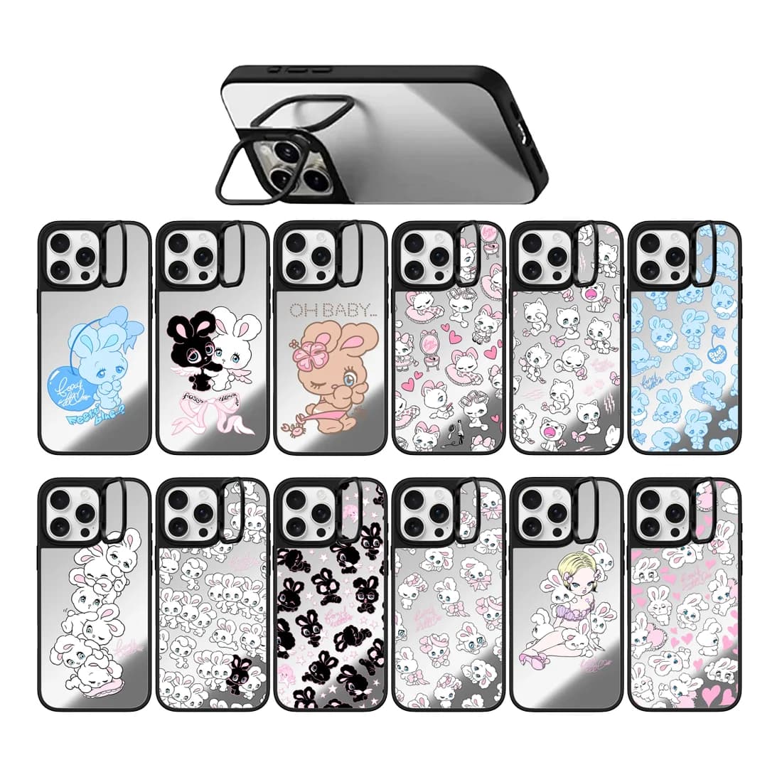 Conigli Cuori Modello Anello per fotocamera Supporto Superficie a specchio Cover per telefono per iPhone 14 15 16 17 Pro Max Custodia per iPhone 17Pro