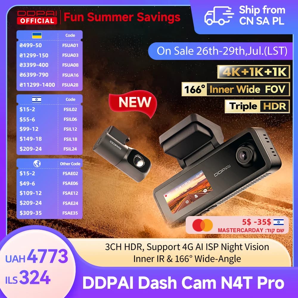 【New】DDPAI N4T Pro Dash Cam 3-Channel HDR 4K+1080P+1080P Front Rear Interior Night Vision ADAS DVR support 4G Parking Monitoring