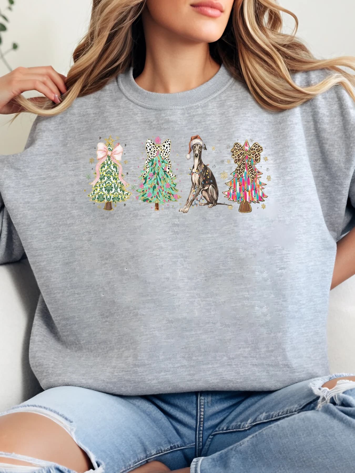 Felpa girocollo natalizia con stampa albero di Natale e cane Abbigliamento casual da donna Taglie forti