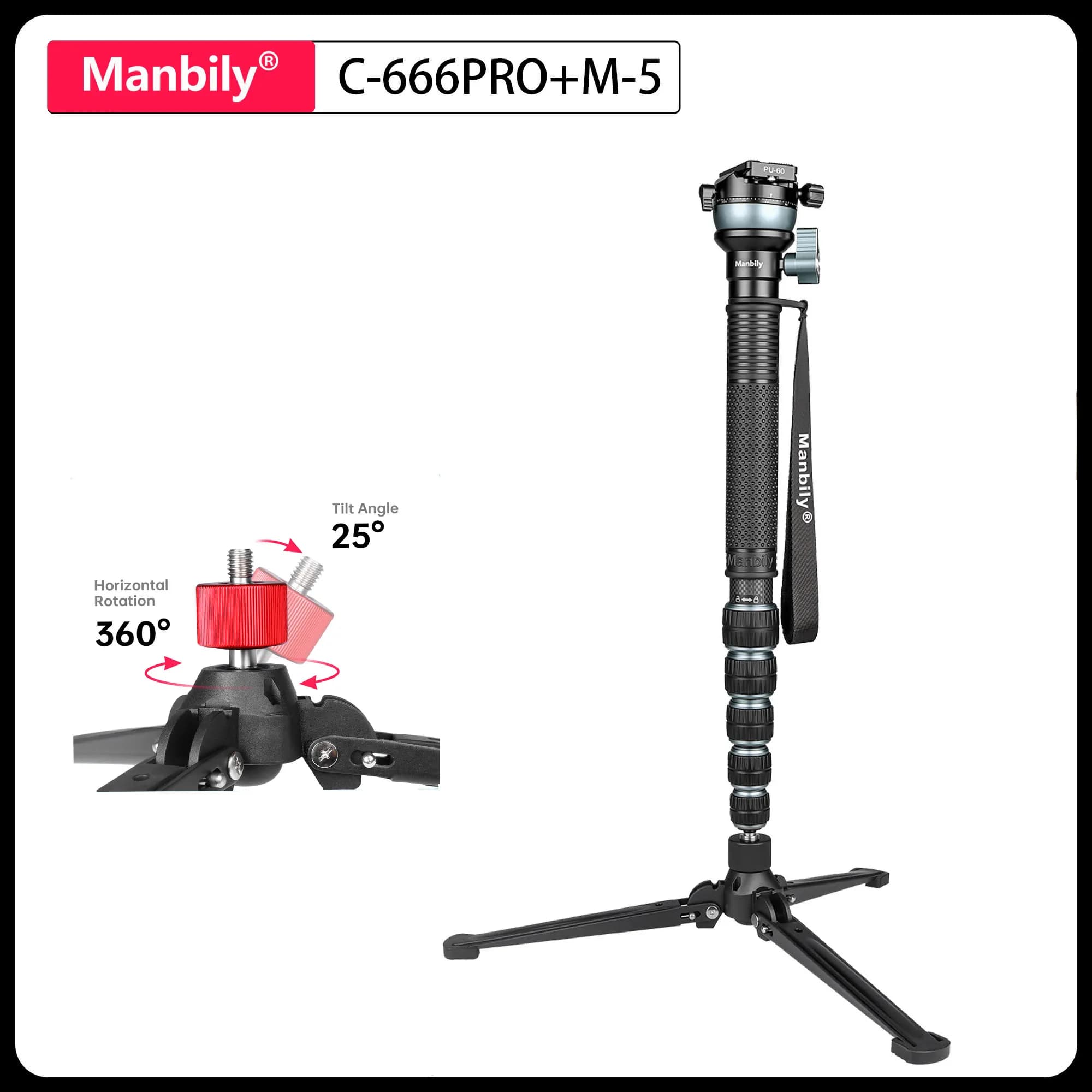Manbily Monopiede in Fibra di Carbonio 187cm per Viaggi, Leggero e Portatile, Carico Massimo 10kg, C-666Pro con M-5