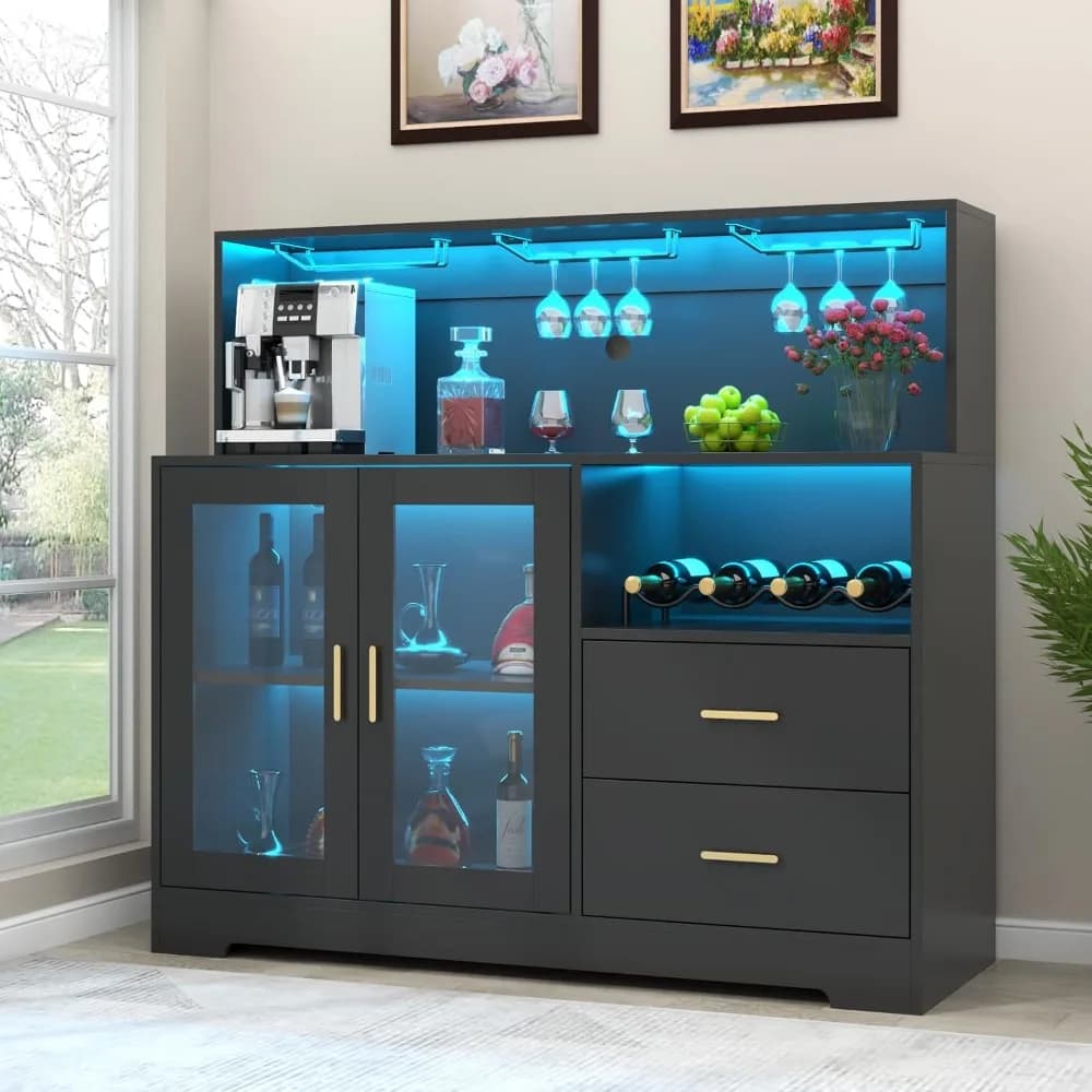 Armadietto da bar per la casa con luce a LED, armadietto da bar con portabottiglie e bicchieri, armadietti per vino con cassetti e supporto per microonde, Mo