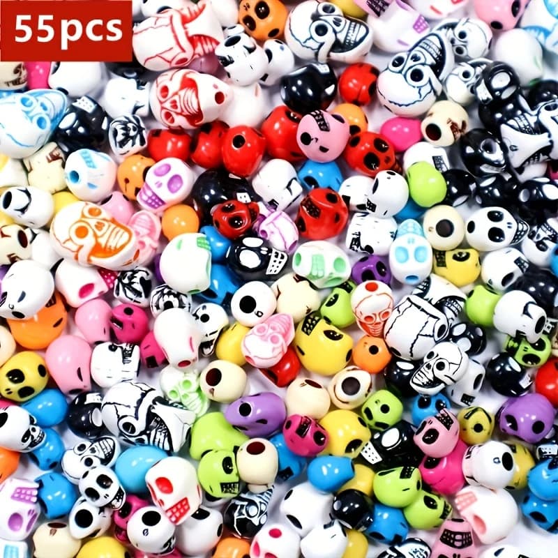 55pcs 10mm -20mm mixed Halloween skull with holes can be used as a Halloween gift, bracelet, for DIY jewelry making