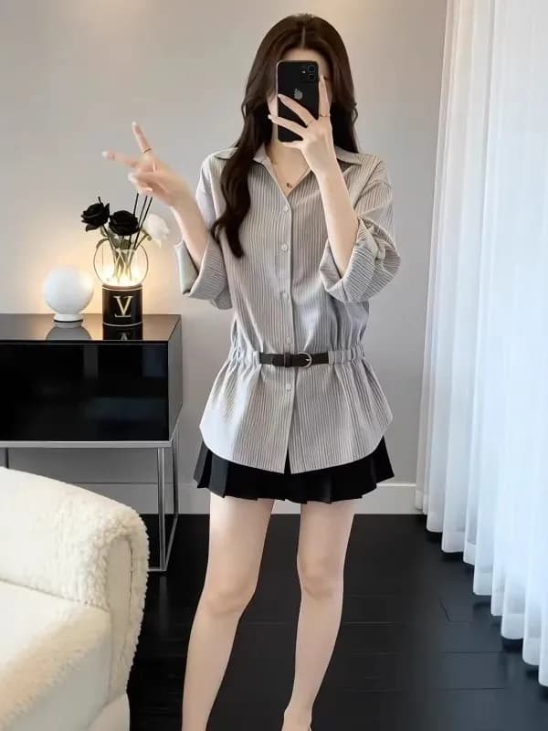 Unique Striped Women's Shirt Waist-Cinching plus Size Conceals Belly Beautiful Top Korean Style Commute Wind Long Sleeve