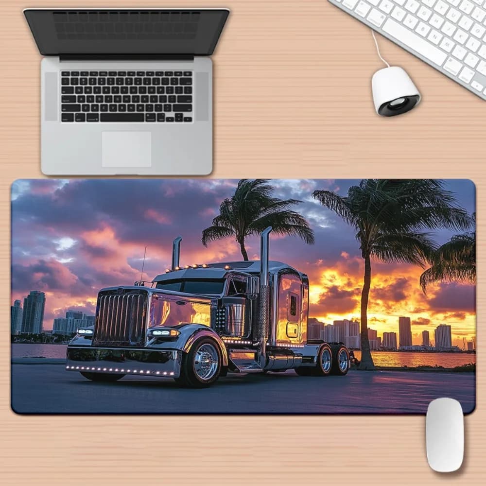 Tappetino per scrivania American Kenworth Truck, tappetino per mouse da gioco grande con palma e tramonto