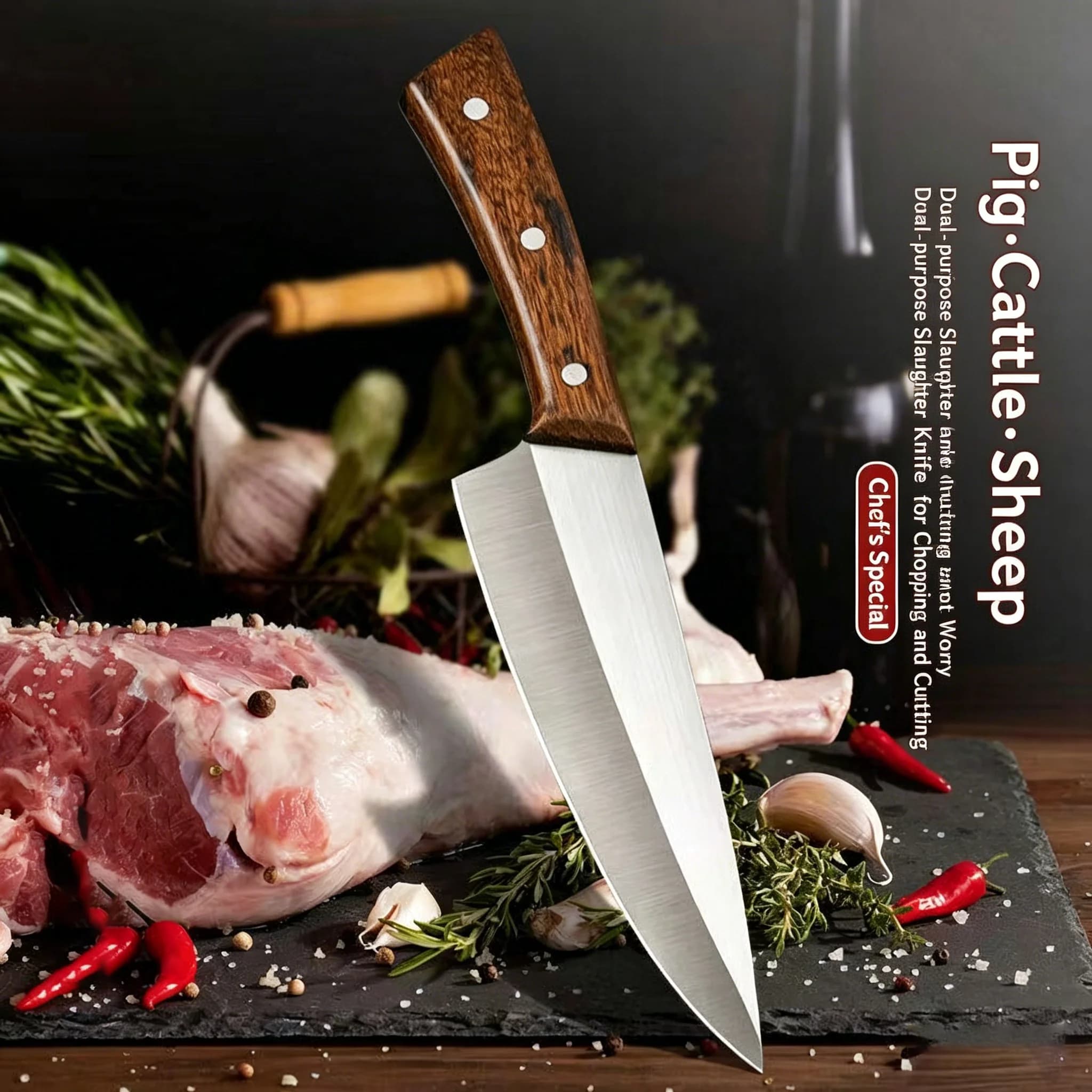 1 coltello da cucina per macellazione di suini, bovini e ovini, coltello da cucina affilato, coltello con manico in legno per la rimozione delle ossa