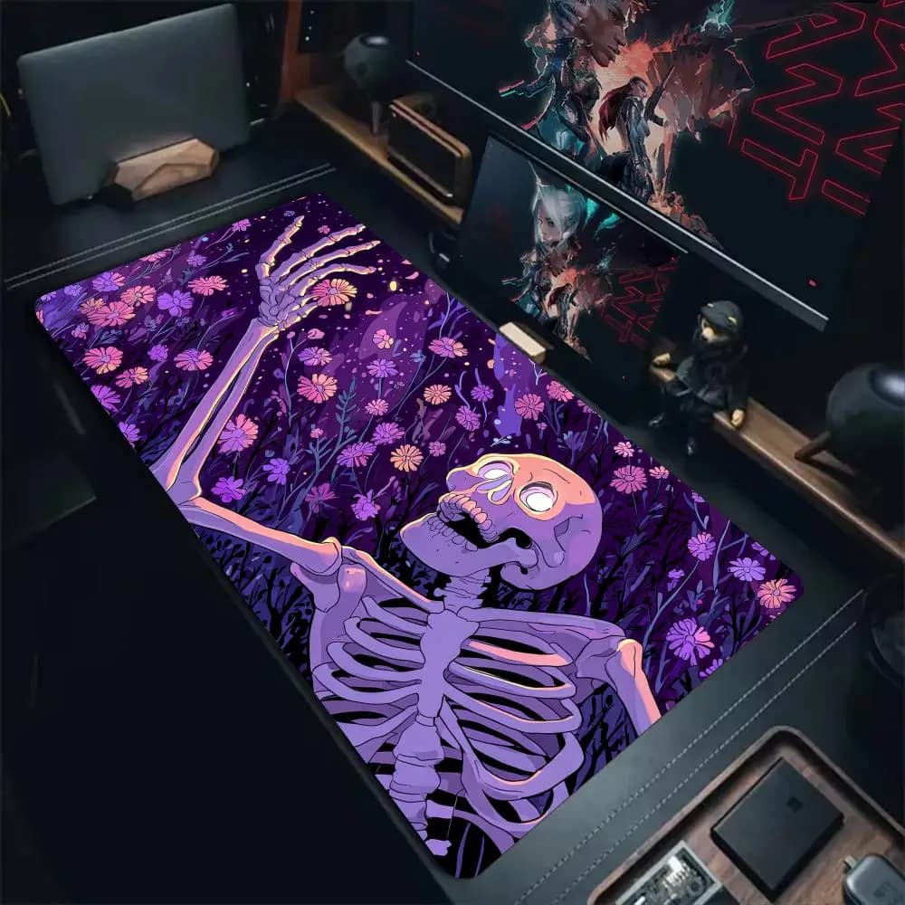 Tappetino per mouse Fantasy Skeleton e Romantic Flowers, tappetino da scrivania, tappetini da gioco con bordo cucito, tappetino per mouse antiscivolo per computer, tappetino da ufficio