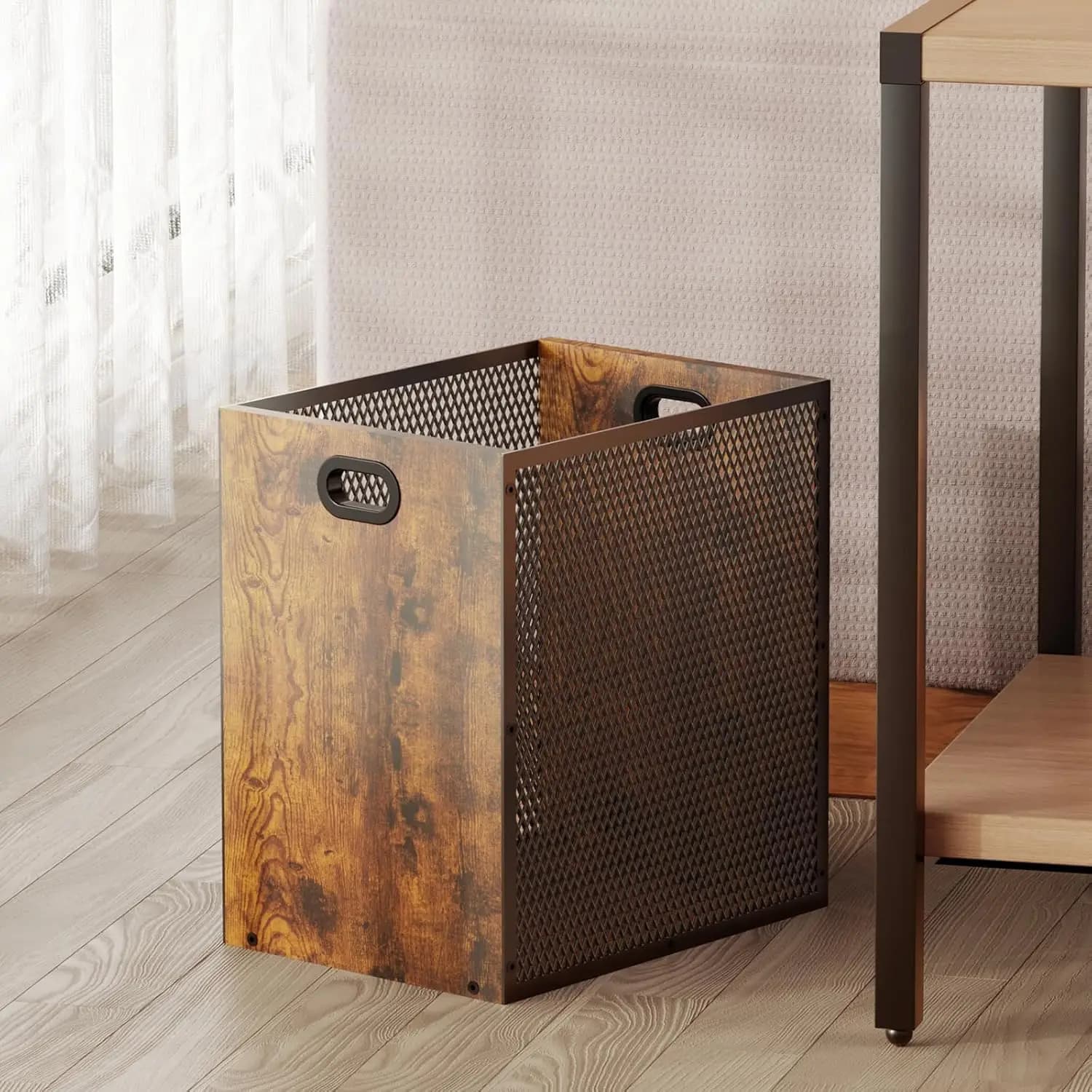 Cestino per Rifiuti Industriale Vintage, Contenitore Rettangolare in Ferro e Legno con Manico, 4,5 Galloni per Casa e Ufficio