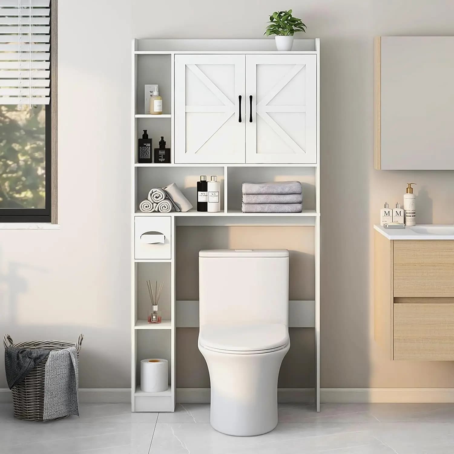Mobiletto portaoggetti da posizionare sopra il WC, mobiletto portaoggetti in stile rustico con 2 ante scorrevoli e porta carta igienica, per la casa