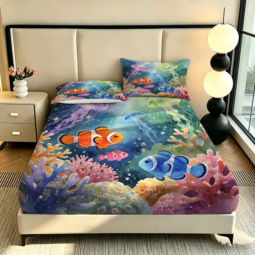 3pcs Ocean Biology Printed Coreless Bed Sheet Summer Set, Multi Size Comfortable Bedding Decoration, Machine Washable
