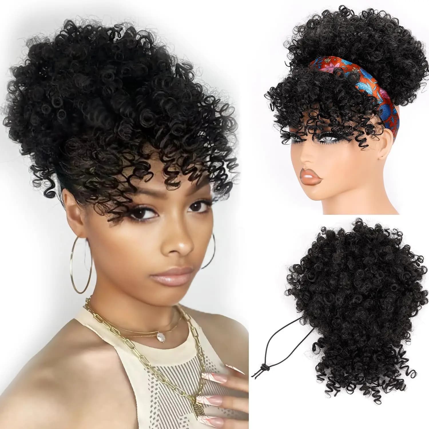 Short Drawstring Ponytail with Bangs Afro Puff Ponytail Hair Extension for Women Jerry Curly Clip in with Bangs Updo Hairpiece