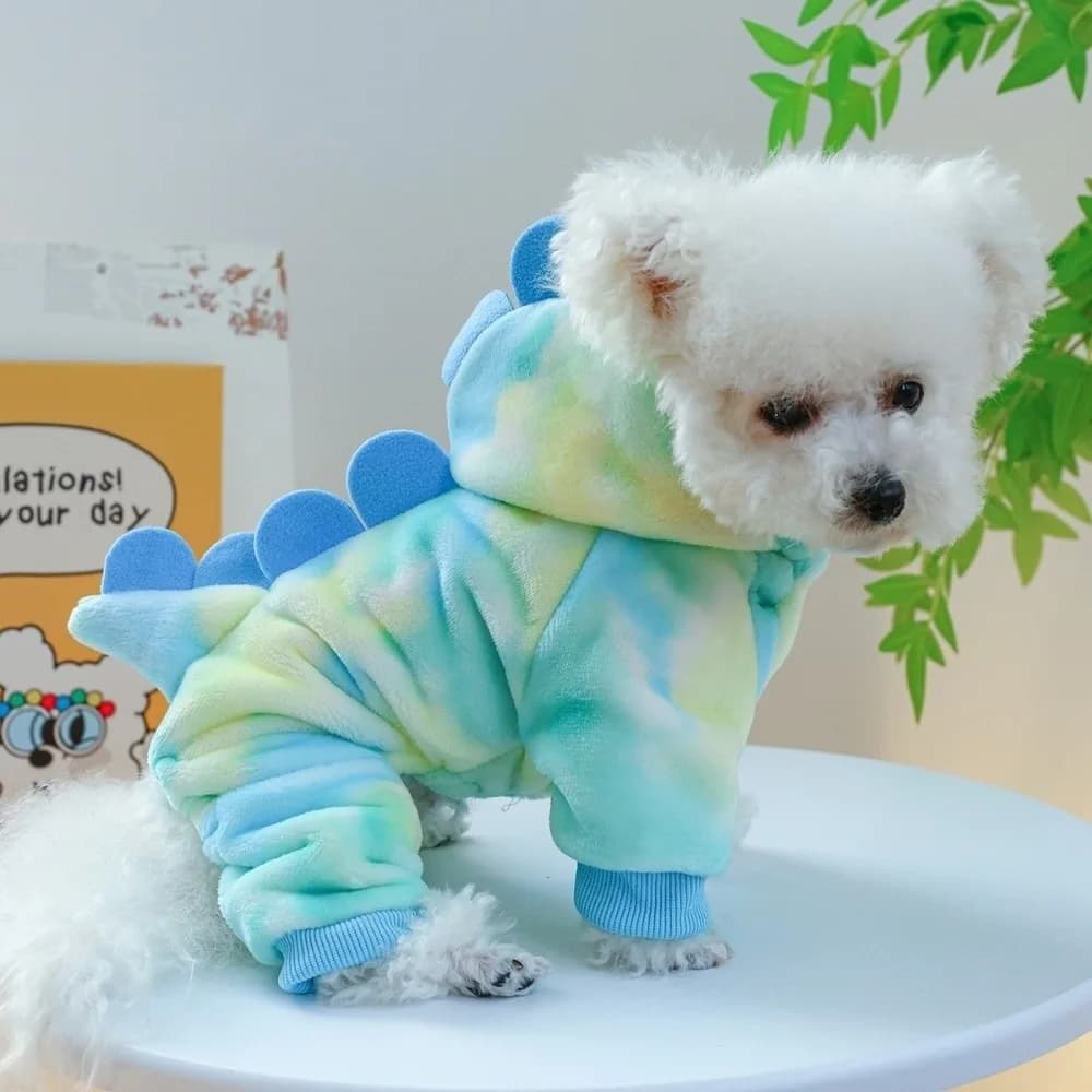 Costume Caldo per Animali Domestici a Forma di Dinosauro, Stile Colorato Cartoonesco, Felpa con Cappuccio in Flanella per Cani, Abbigliamento Invernale Spesso e Confortevole per Cuccioli, per Passeggiate Quotidiane