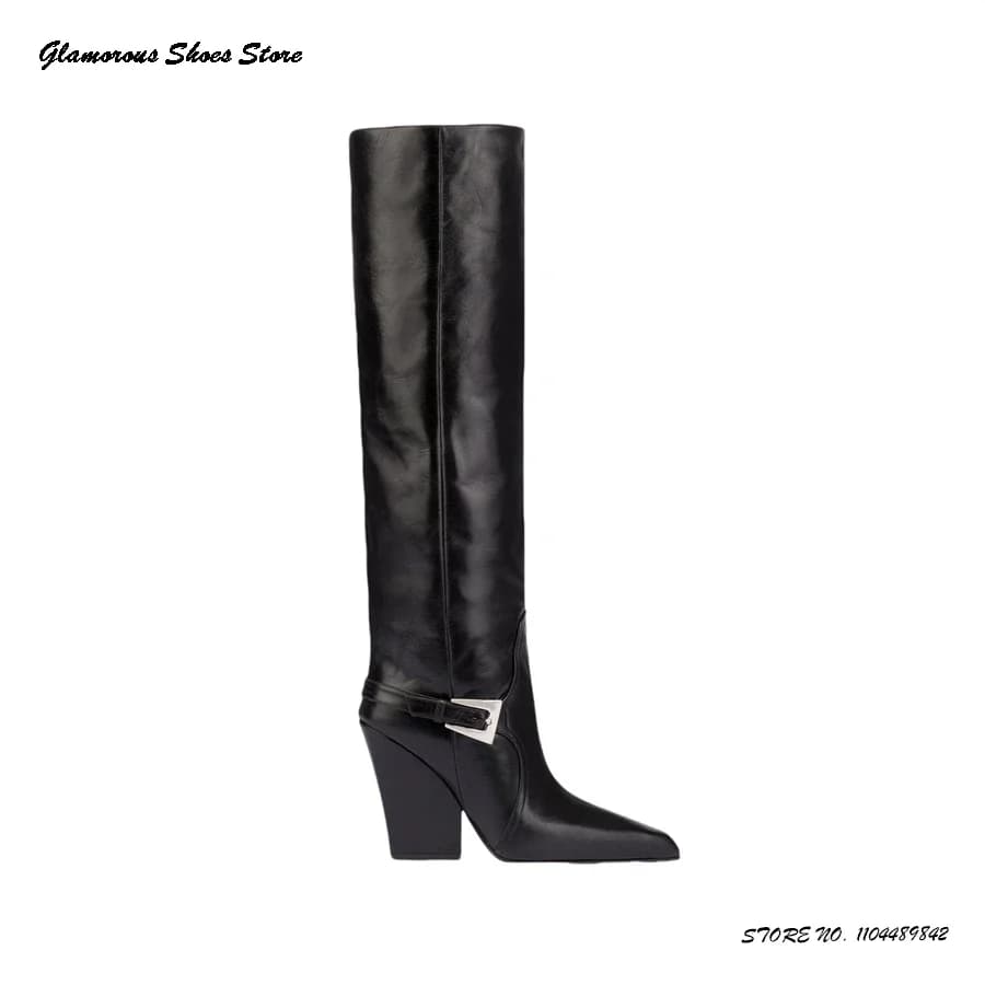Polished Leather Knee Boots Belt Buckle Toe High Hedge Boots Spring Autumn Street Style Modern Office Boots