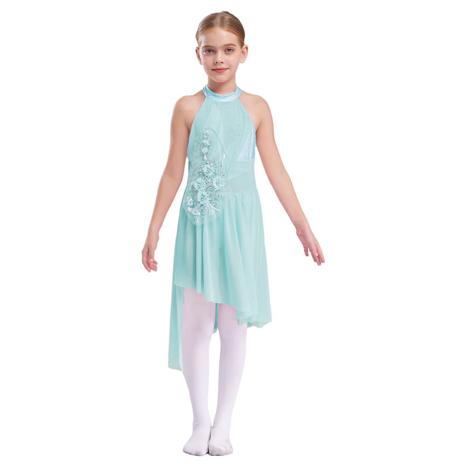 Vestito da ballo lirico moderno per bambina, pattinaggio di figura, balletto, ginnastica, costume, senza maniche, con strass, applique in rete, body tutu