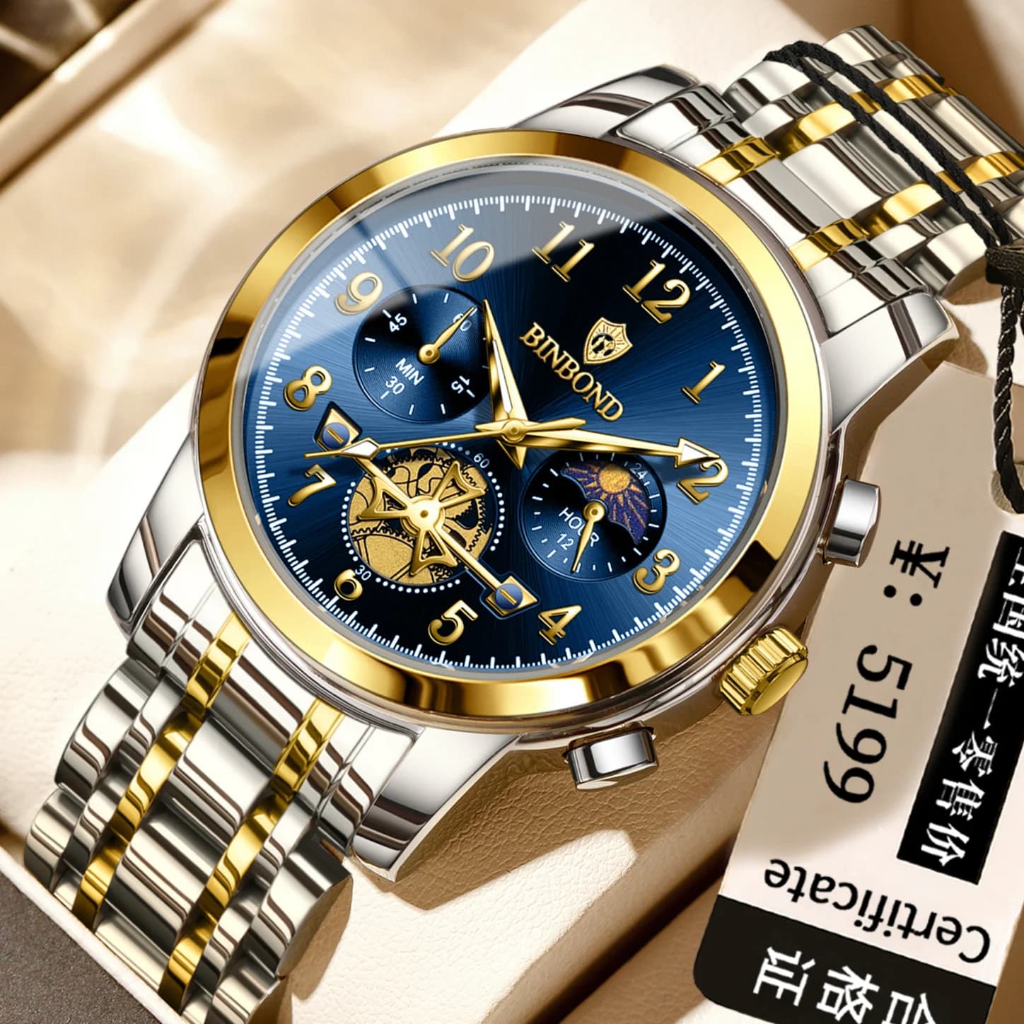 BINBOND Chronograph Luminous Waterproof Sturdy Stainless Steel Men's Watches Precise Quartz Watch For Men Luxury Casual Reloj