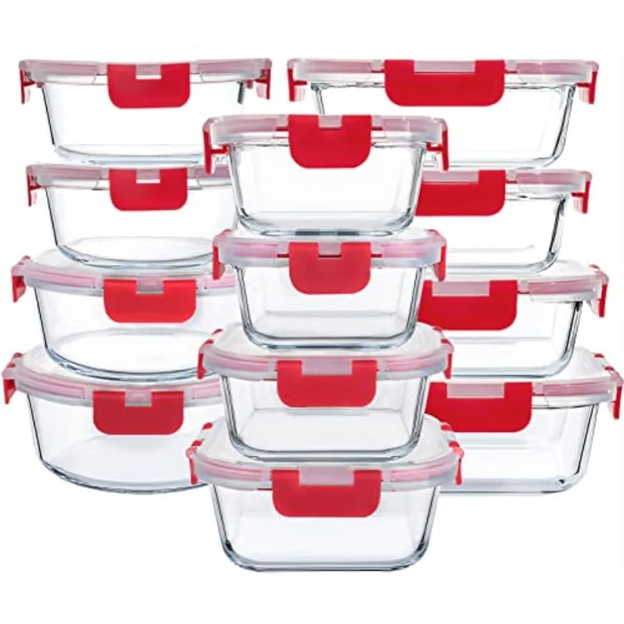 Set di 24 Contenitori in Vetro per Alimenti con Coperchi a Chiusura Ermetica - Contenitori per Preparazione Pasti, Ermetici, Adatti per Microonde e Forno