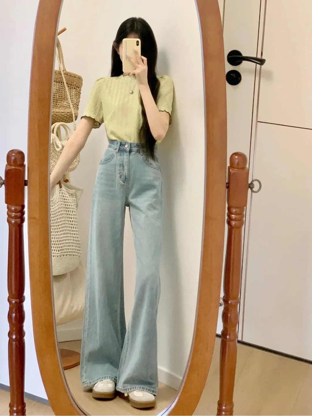High Waist Straight Leg Blue Jeans Women's Thin Summer Small Size Flared Wide Leg Floor Length Pants Retro Hong Kong Style