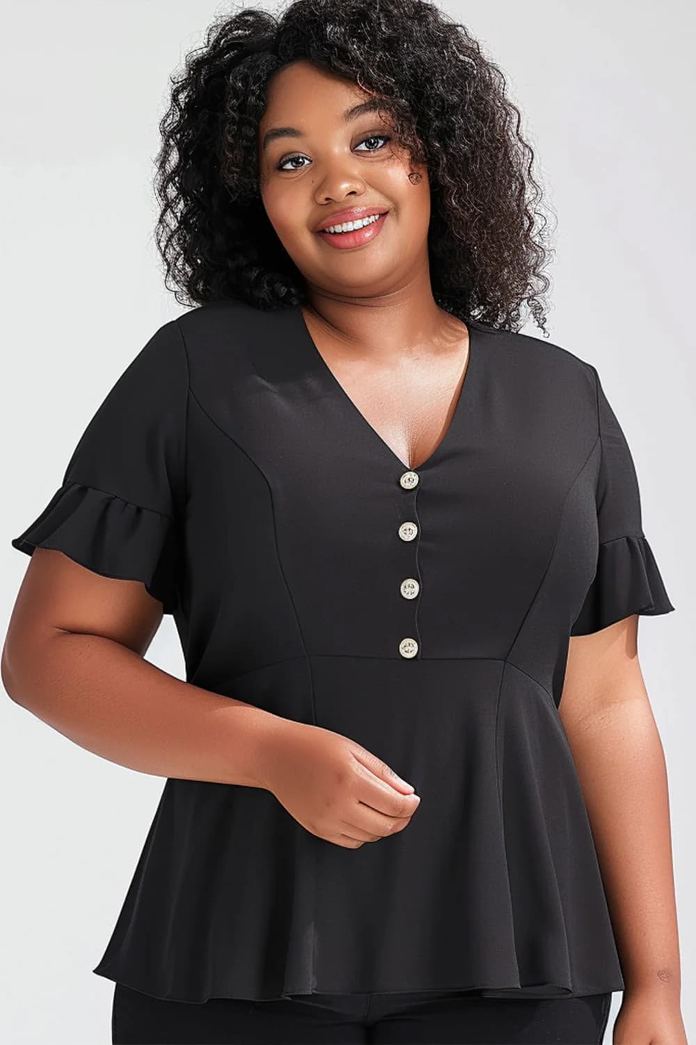 Flycurvy Tunic blouse with volant and black buttons casual strong sizes Half sleeve top with V neckline