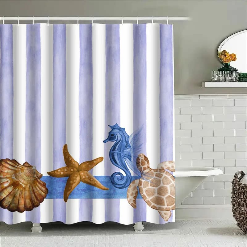 Set di tende da doccia per la vita marina dell'acquerello con decorazioni a tema animali oceanici a strisce blu per bagni